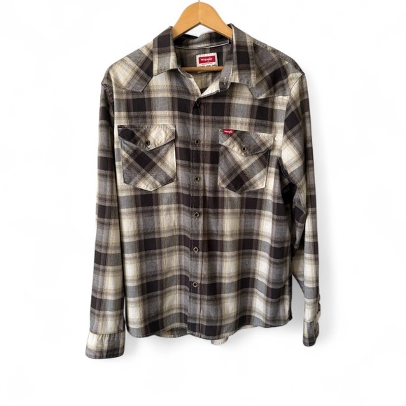 Vintage Y2K Wrangler Plaid Flannel Shirt Men’s Large Brown Beige Long‎ Sleeve - Picture 2 of 9